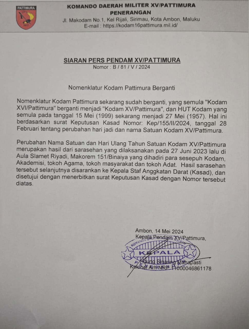 Nomenklatur Kodam Pattimura Berganti