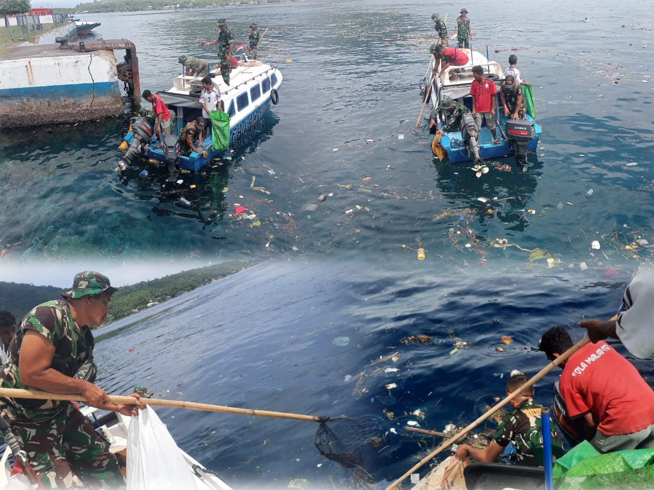 Anggota Koramil 1505-01/Tidore Bersama Masyarakat Lakukan Pembersihan Sampah Apung di Laut