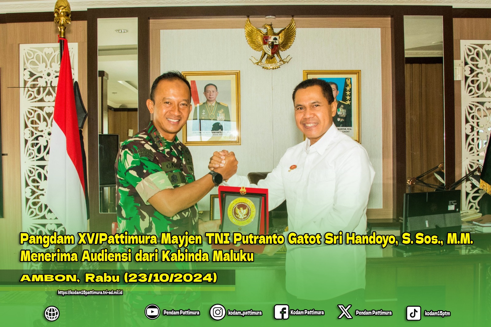 Pangdam XV/Pattimura Mayjen TNI Putranto Gatot Sri Handoyo, S.Sos., M.M. menerima audiensi dari Kabinda Maluku