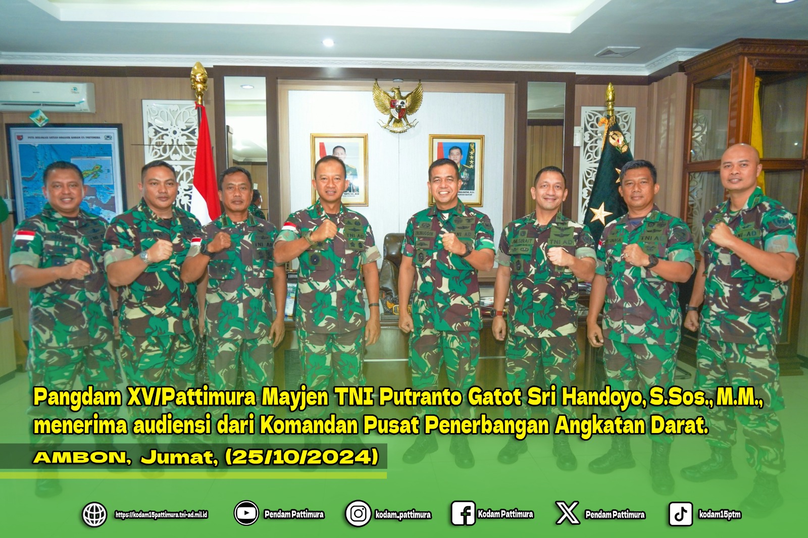 Pangdam XV/Pattimura Mayjen TNI Putranto Gatot Sri Handoyo, S.Sos., M.M., menerima audiensi dari Komandan Pusat Penerbangan Angkatan Darat