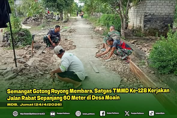 Semangat Gotong Royong Membara, Satgas TMMD ke-128 Kerjakan Jalan Rabat Sepanjang 60 Meter di Desa Moain